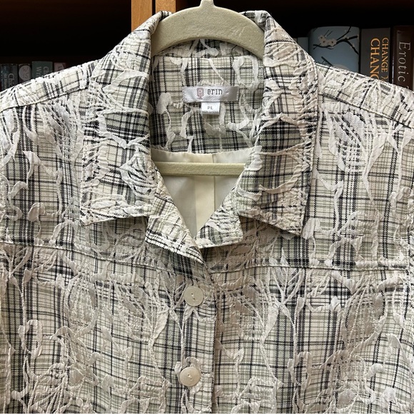 Women’s Jacket Blazer Cropped Textured Plaid Button Front Green White Black PL - Picture 3 of 10